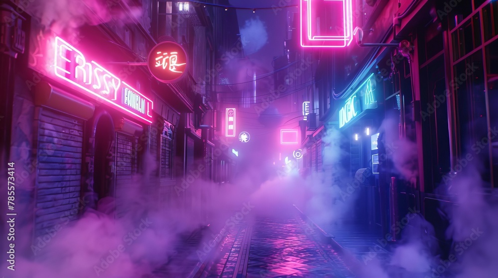 mysterious dark street with neon lights and smoky atmosphere digital 3d illustration