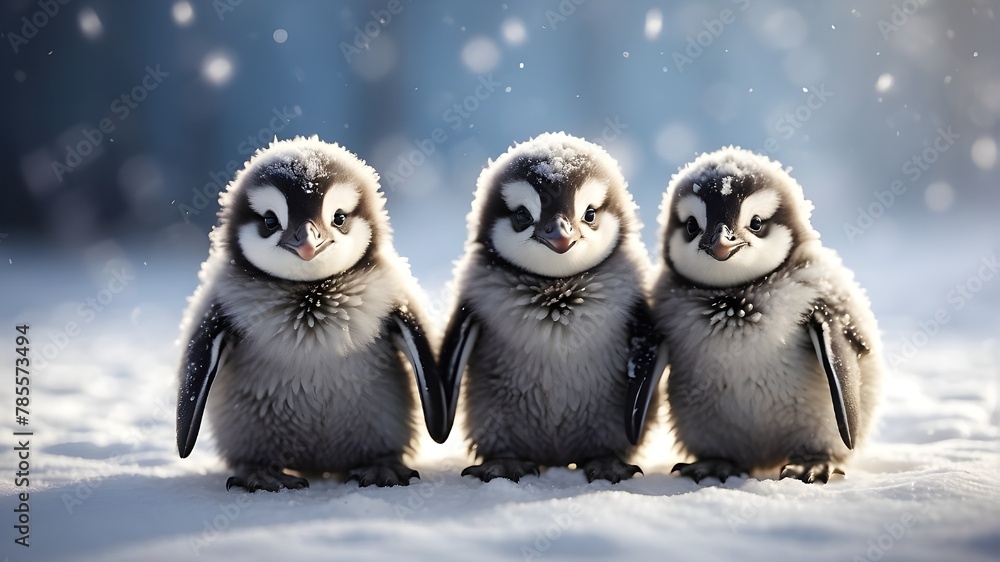 Two baby penguins huddled together in the snow, showcasing their fluffy feathers and adorable expressions. The snow around them is realistically textured, capturing the cold, wintry atmosphere. Camera Two baby penguins huddled together in the snow, showcasing their fluffy feathers and adorable expressions. The snow around them is realistically textured, capturing the cold, wintry atmosphere. Camera