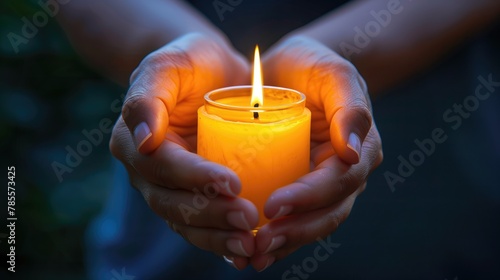 Close up of hands holding a candle in the dark