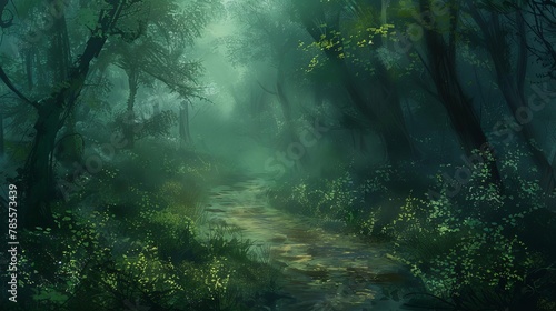 mysterious dark green path in enchanted fantasy forest with muddy trail and foggy atmosphere magical fairy tale setting illustration © Bijac