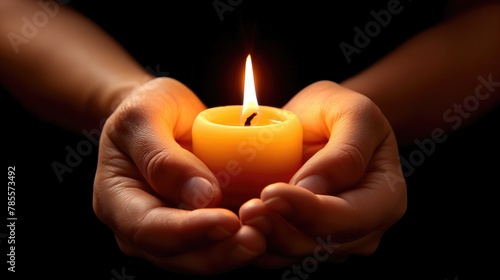 Close up of hands holding a candle in the dark