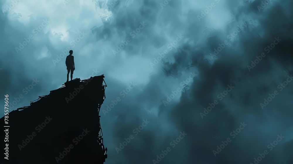 mysterious silhouette of person standing on a cliff against dramatic cloudy sky contemplative concept illustration - obrazy, fototapety, plakaty 