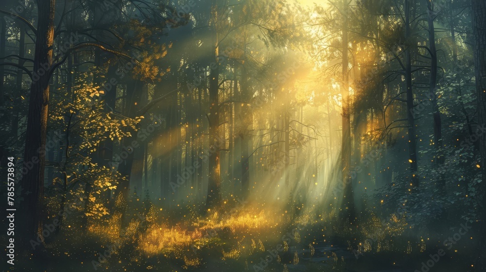 mystical misty forest with sunbeams filtering through trees atmospheric digital painting