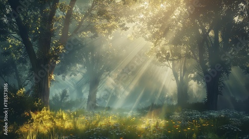 mystical misty forest with sunbeams breaking through the trees ethereal fairy tale landscape digital fantasy painting