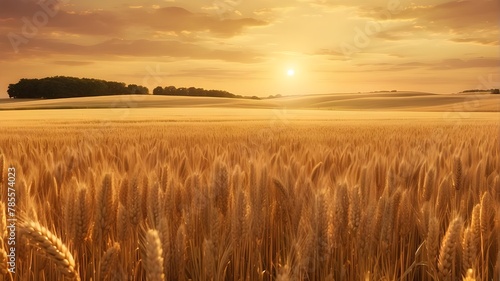 A photorealistic image of a golden wheat field at sunset, depicting the serene beauty of agriculture, harvest, and nature. The scene captures the warm hues of the setting sun casting a golden glow ove photo