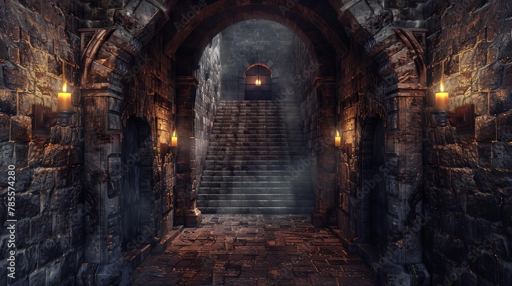 ominous medieval castle dungeon interior stone walls torches night darkness symmetrical staircase eerie atmosphere digital painting