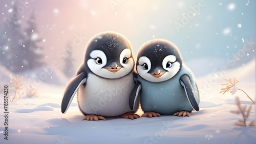 This digital illustration captures the heartwarming scene of two baby penguins snuggled in the snow, inspired by cute and cartoonish art styles commonly seen in children's book illustrations and carto photo