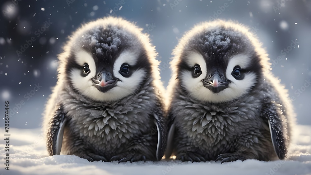 Two baby penguins huddled together in the snow, showcasing their fluffy feathers and adorable expressions. The snow around them is realistically textured, capturing the cold, wintry atmosphere. Camera Two baby penguins huddled together in the snow, showcasing their fluffy feathers and adorable expressions. The snow around them is realistically textured, capturing the cold, wintry atmosphere. Camera