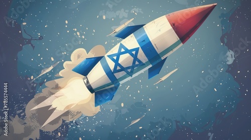 A stylized illustration of a rocket with the Israeli flag colors ascending into space