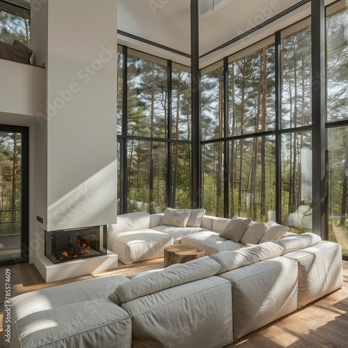 Modern Minimalism: White Corner Sofa in Forest Villa Living Room