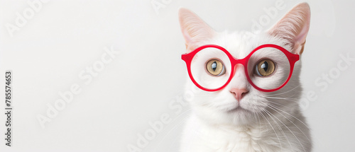 Portrait of a happy surprised White cat wearing red glasses on a white background, depicted in detailed