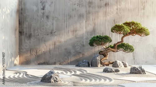 peaceful zen garden with raked sand rocks and bonsai tree minimalist japanese landscape concept
