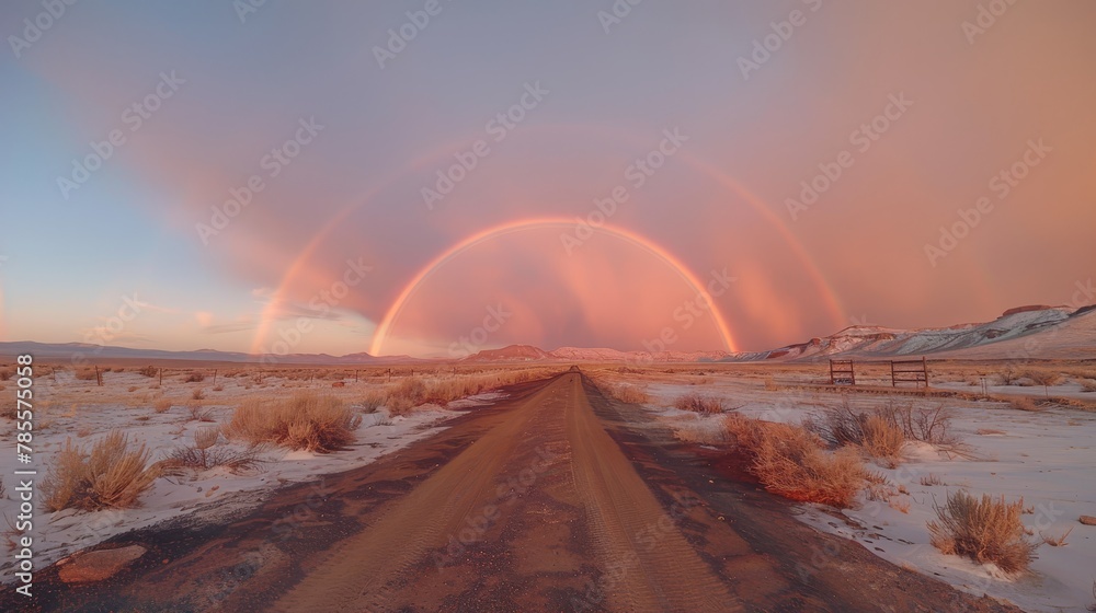   A few rainbows arch over a dirt road in a desert, contrasting the barren landscape's brown hues against their vibrant colors Snow blankets the ground beneath