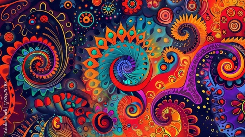 psychedelic abstract pattern with colorful spirals and geometric shapes 1960s hippie style digital art