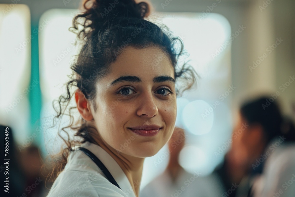 Fototapeta premium Engaging portrait of young doctor at seminar, showcasing professional dedication and commitment to learning.