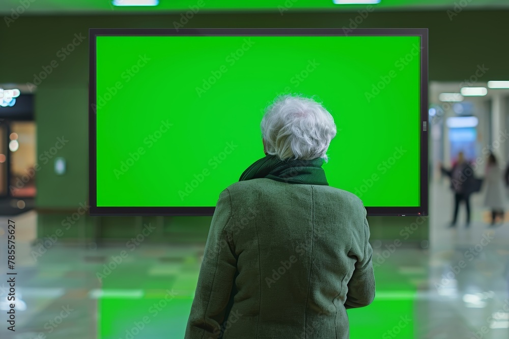 Ui mockup through a shoulder view of a elderly woman in front of a interactive digital board with an entirely green screen
