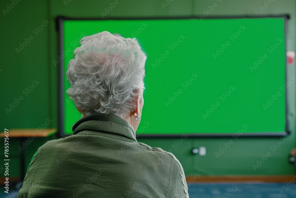 Ui mockup through a shoulder view of a elderly woman in front of a interactive digital board with an entirely green screen