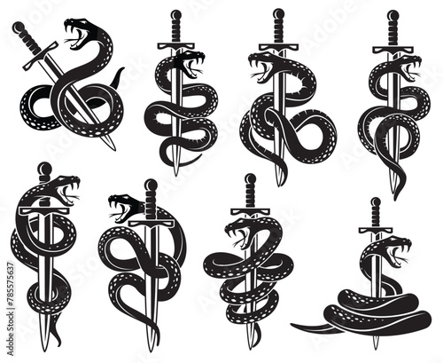 collection of snake and sword in tattoo style isolated on white background