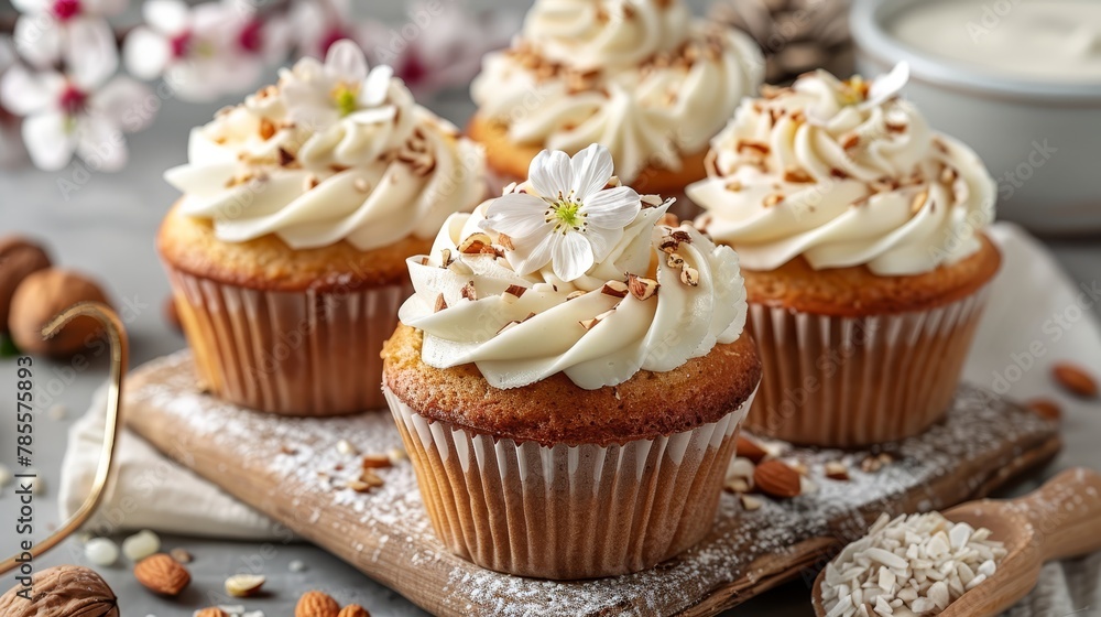   A plate holds numerous cupcakes, each topped with white frosting and nuts In the background, a bowl of nuts and a spoon are present