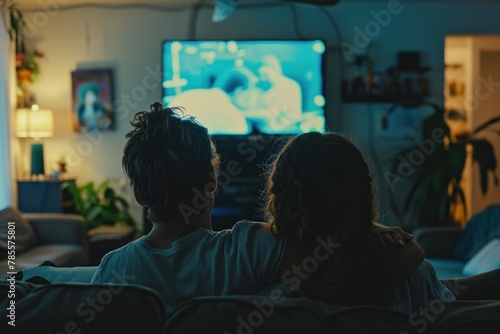Intimate moment of an adult couple enjoying television together from behind, emphasizing their shared leisure time and companionship. photo