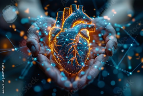 A futuristic depiction of a human hand cradling a glowing, digital heart interconnected by circuits and nodes, symbolizing advanced healthcare technology © Larisa AI