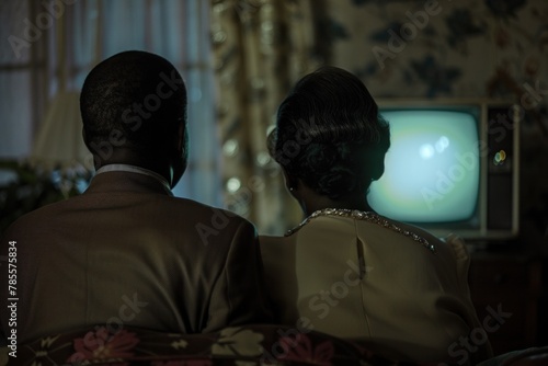 Adult couple enjoying leisure time together while watching television from behind.