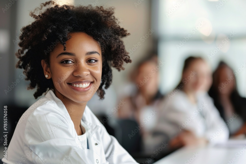 Smiling young doctor in a seminar boardroom, exuding professionalism and expertise in a medical environment. Smiling young doctor in a seminar boardroom, exuding professionalism and expertise in a medical environment.