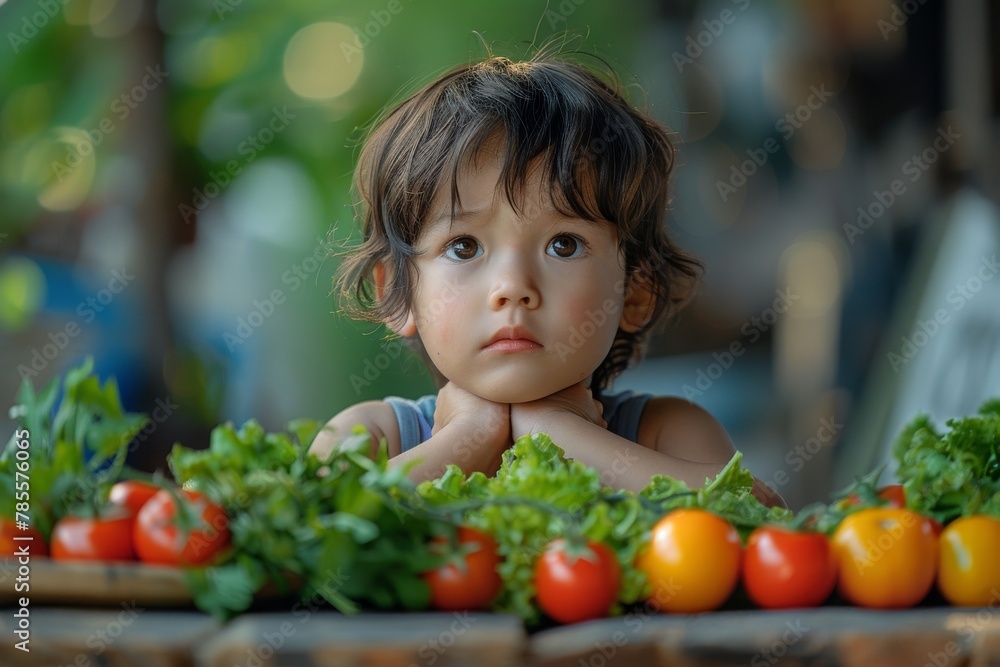 Young boy with big eyes looking thoughtful surrounded by fresh produce Young boy with big eyes looking thoughtful surrounded by fresh produce