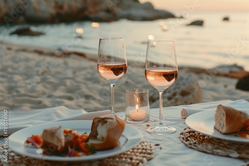 Romantic dinner setup with two glasses of wine on beach at sunset  with focus on laid table and sea in background. Tranquility and intimate moments.