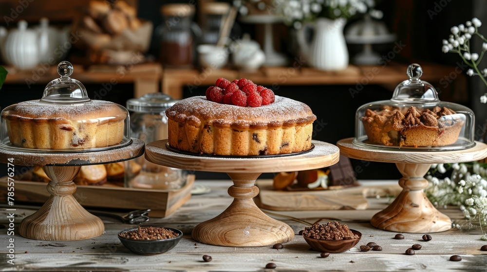 each cake generously coated in frosting, crowned with raspberries, dusted with powdered sugar each cake generously coated in frosting, crowned with raspberries, dusted with powdered sugar