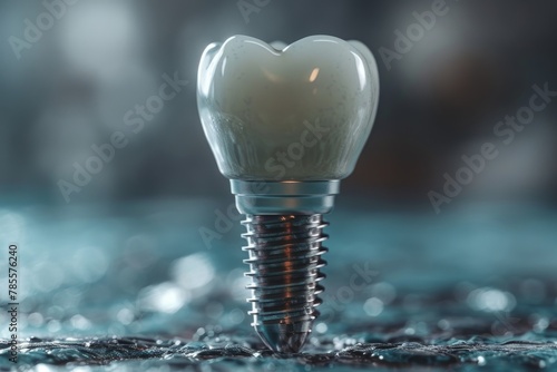 A single dental implant with a realistic tooth crown design in a blue moody ambient light creats a sense of innovation in dentistry photo