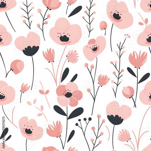 Pink flower pattern, seamless repeating pattern, white background, cute, soft pink, simple shapes, minimalist style © Sagar