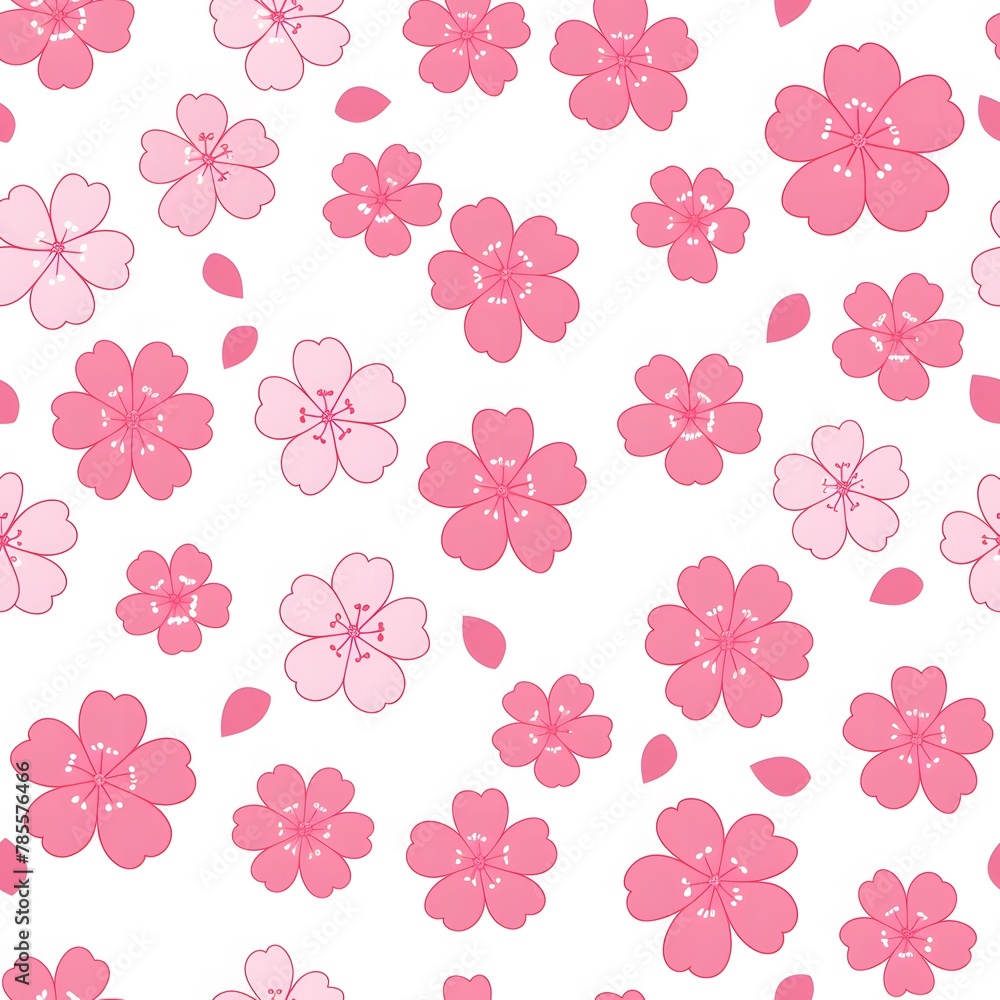 Pink flower pattern, seamless repeating pattern, white background, cute, soft pink, simple shapes, minimalist style