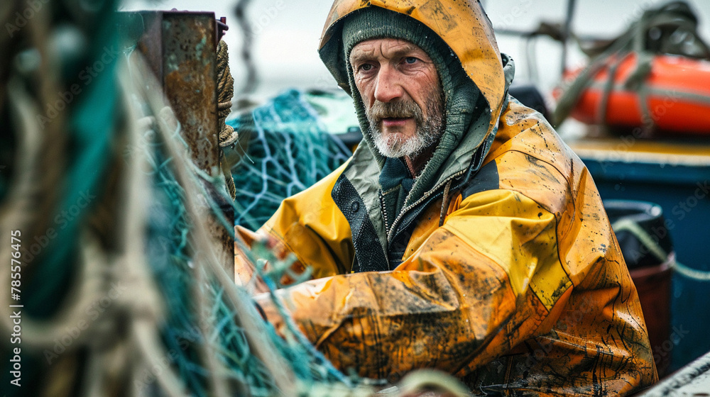 Obraz premium Detailed portrait of a fisherman clad in waterproof gear preparing his nets on a boat embodying the life of the seafood industry