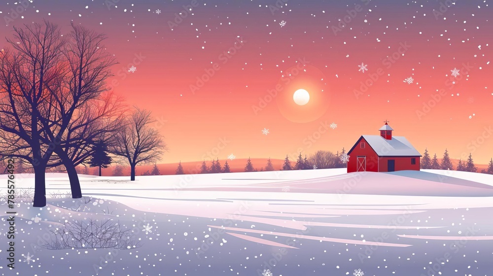 scenic snowy field with distant barn and trees at sunrise tranquil winter landscape concept illustration scenic snowy field with distant barn and trees at sunrise tranquil winter landscape concept illustration