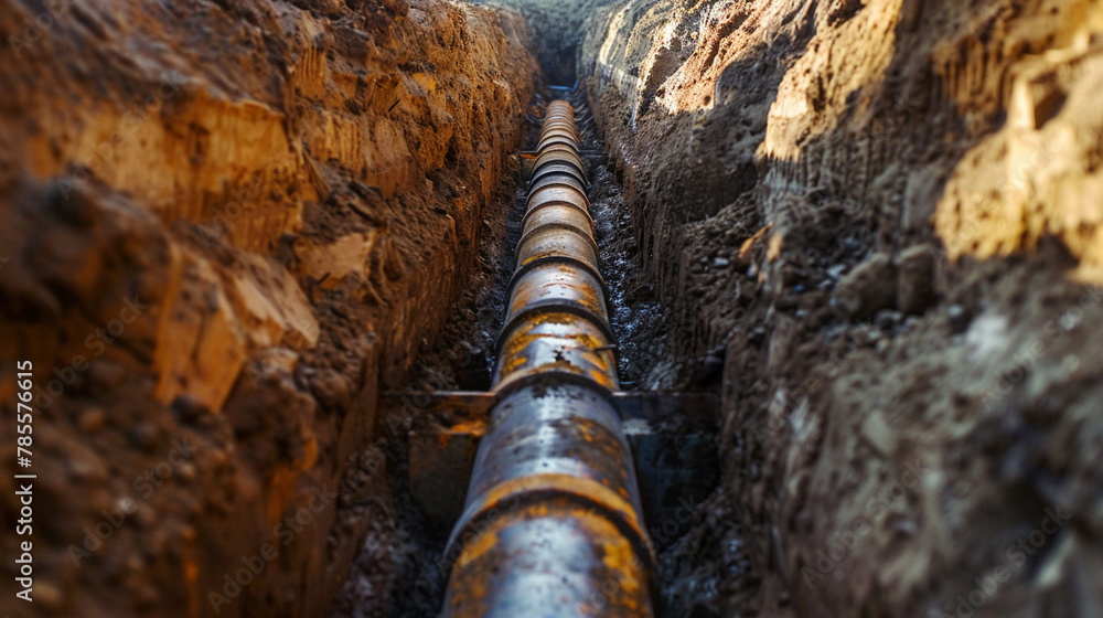Fototapeta premium Metal pipeline installation in progress within a dirt filled trench highlighting the renewal of an old water supply system
