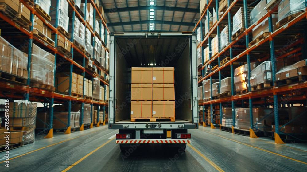 Rear view of a large truck being loaded with boxes capturing the essence of streamlined operations at an industrial warehouse Rear view of a large truck being loaded with boxes capturing the essence of streamlined operations at an industrial warehouse