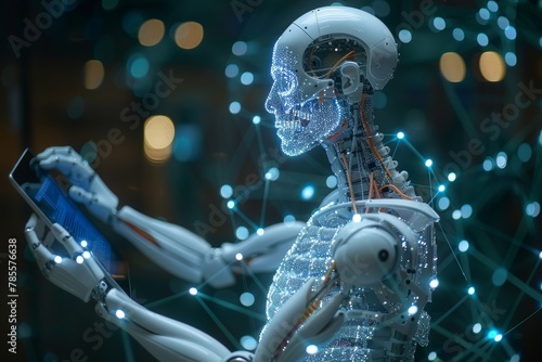 A visually rich portrayal of an advanced humanoid robot with a gleaming transparent head showcasing futuristic technology