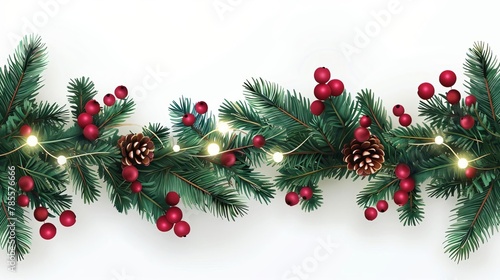 seamless christmas border with coniferous tree branches red berries and string lights on transparent background digital illustration