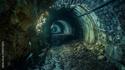 Abandoned underground tunnel of an old sewer system, characterized by an eerie atmosphere and dark, damp conditions photo
