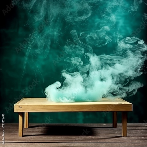 turquoise background with a wooden table and smoke. Space for product presentation, studio shot, photorealistic