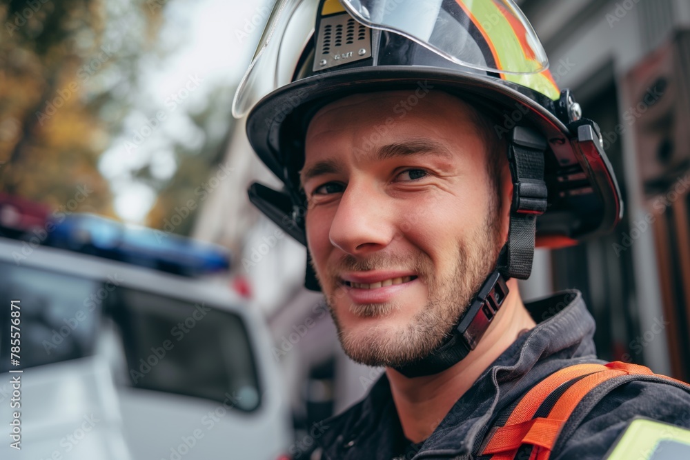 Selfie of a male firefighter in uniform and helmet, rescue service Selfie of a male firefighter in uniform and helmet, rescue service