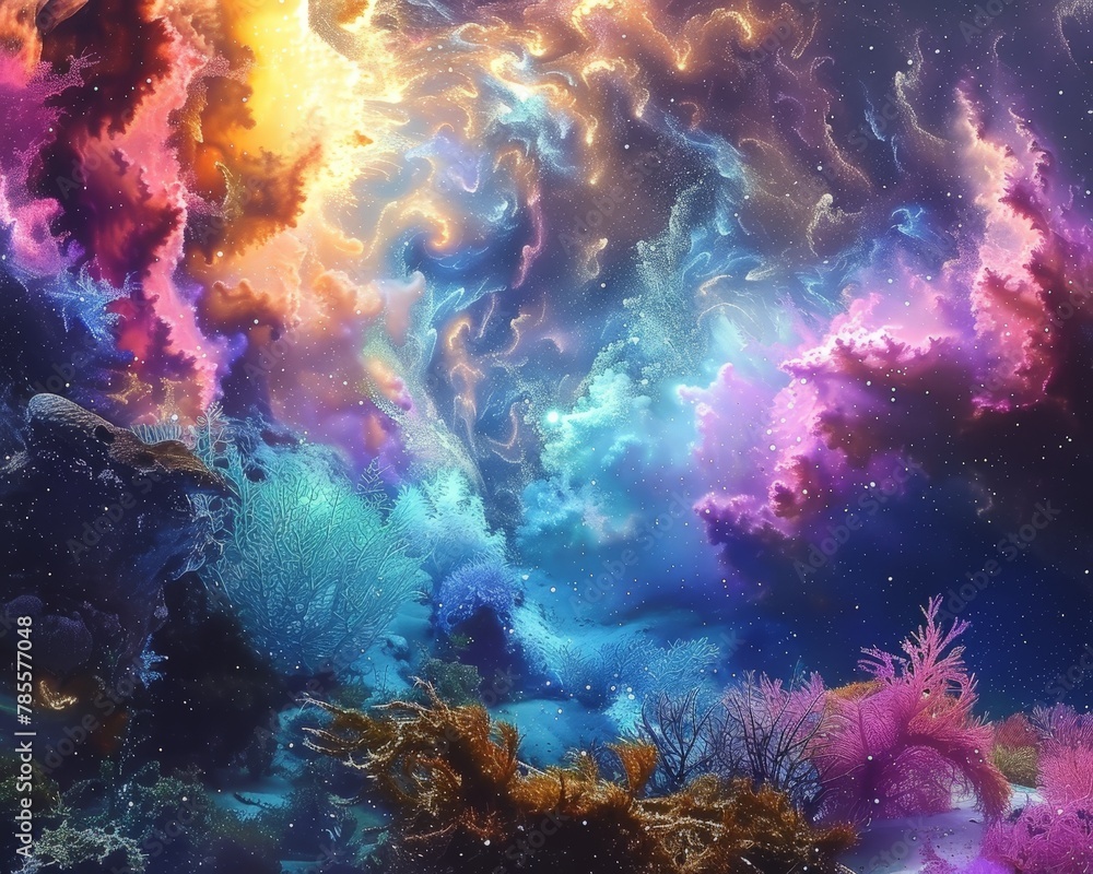 A vibrant digital artwork depicting cosmic coral reef,where ethereal corals marine life intertwine with celestial elements. scene evokes sense of wonder invites exploration fifth dimension and astral