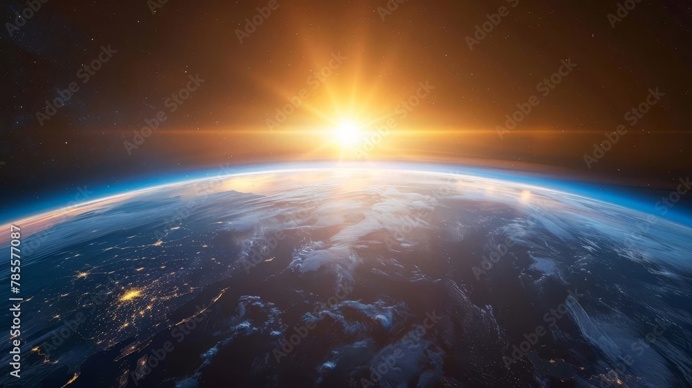 Fototapeta premium serene blue sunrise over earth a breathtaking view from space captured in a digital illustration