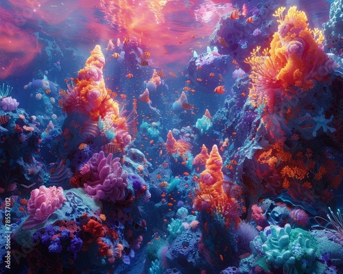 A vibrant digital artwork depicting cosmic coral reef where ethereal corals marine life intertwine with celestial elements. scene evokes sense of wonder invites exploration fifth dimension and astral