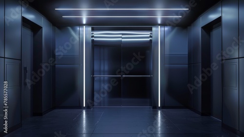 Futuristic room with metal sliding doors, dark, glowing