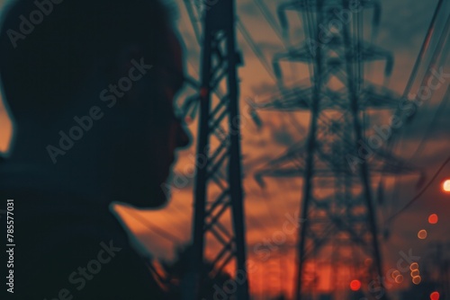 Silhouette shot of high-voltage electric tower against sunset backdrop, evoking power and tranquility.