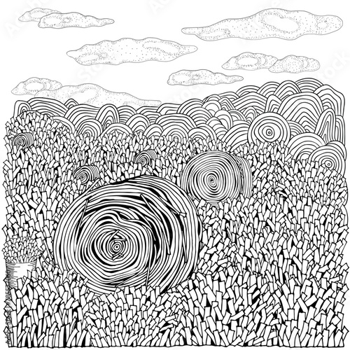 Field with haystacks. Grass. Haymaking. Coloring book page. Black and white vector illustration. Doodle style.