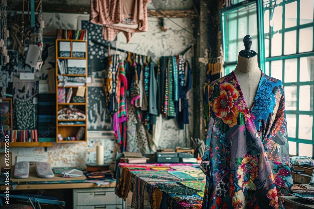 Vibrant fashion design studio. Colorful fabrics and bustling creativity adorn the interior of a fashion designer's studio, featuring mannequins poised for transformation.
