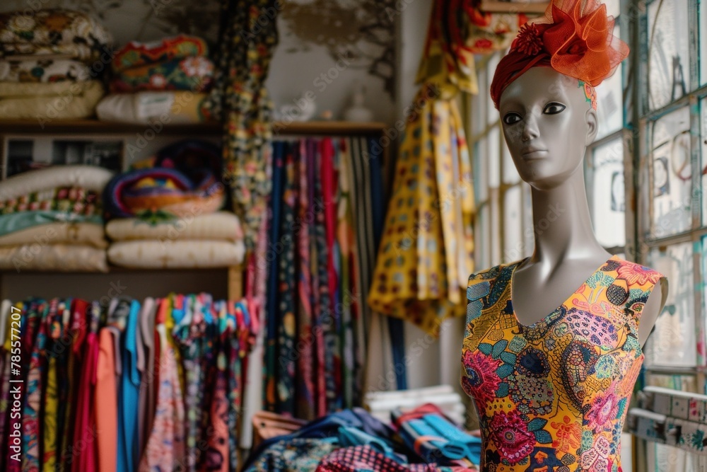 Fashion designer's studio adorned with colorful fabrics, mannequins, and bustling creativity.